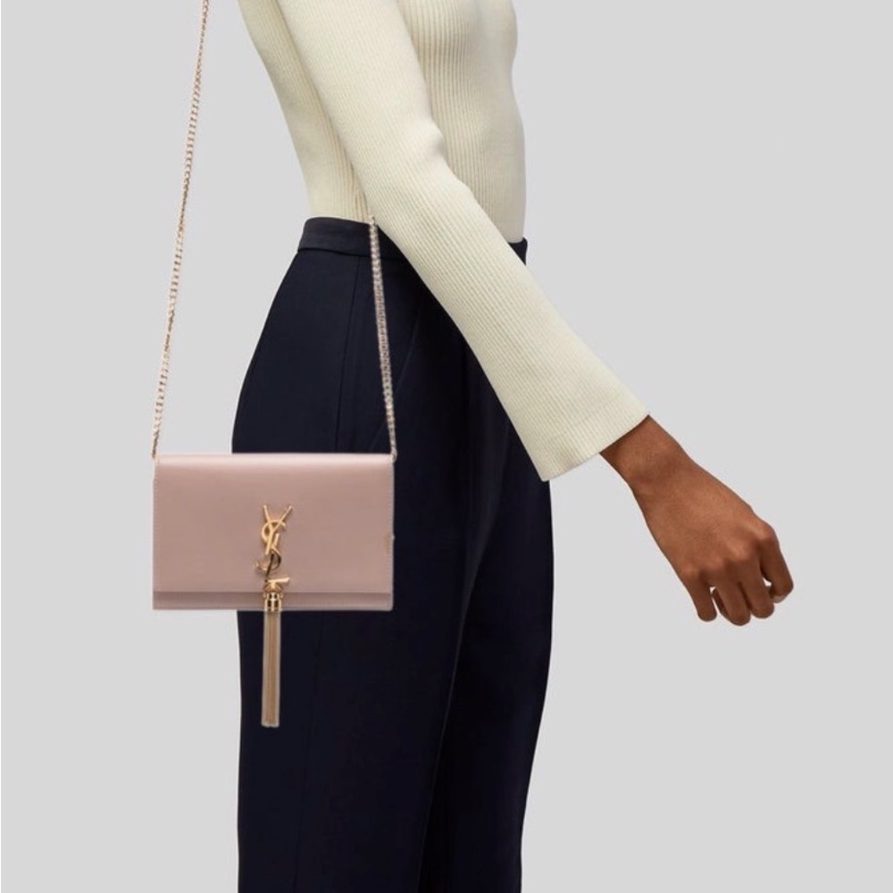 Authentic Yves Saint Laurent Beige Leather Kate Tassel Wallet on Chain Bag
